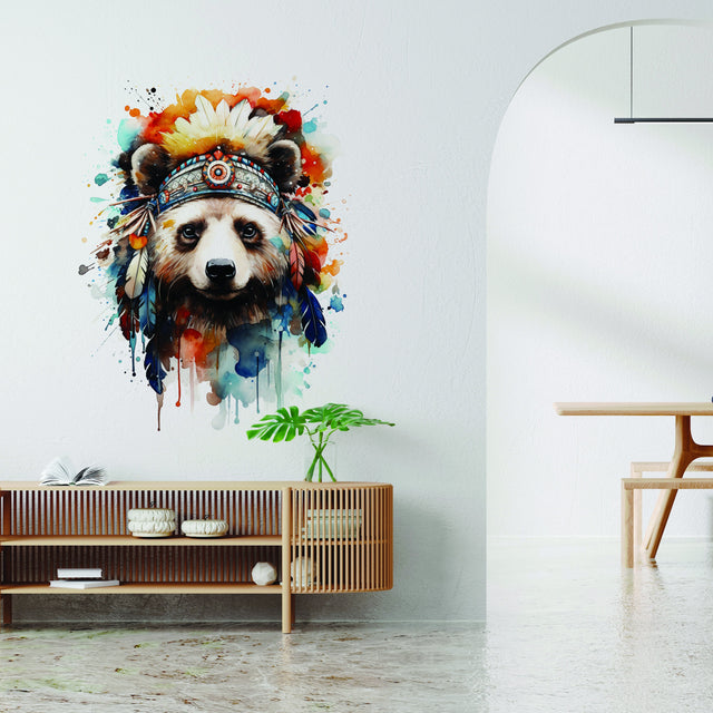 Watercolor baby panda in Indian feather hat wall decal