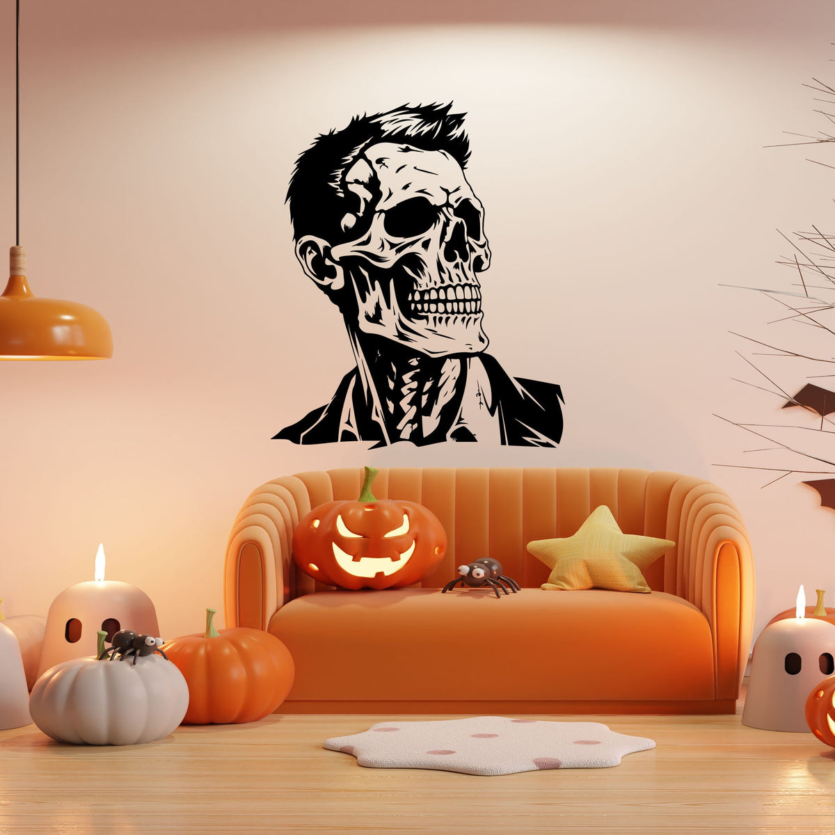 Skeleton portrait wall decal with a stylized hair silhouette.