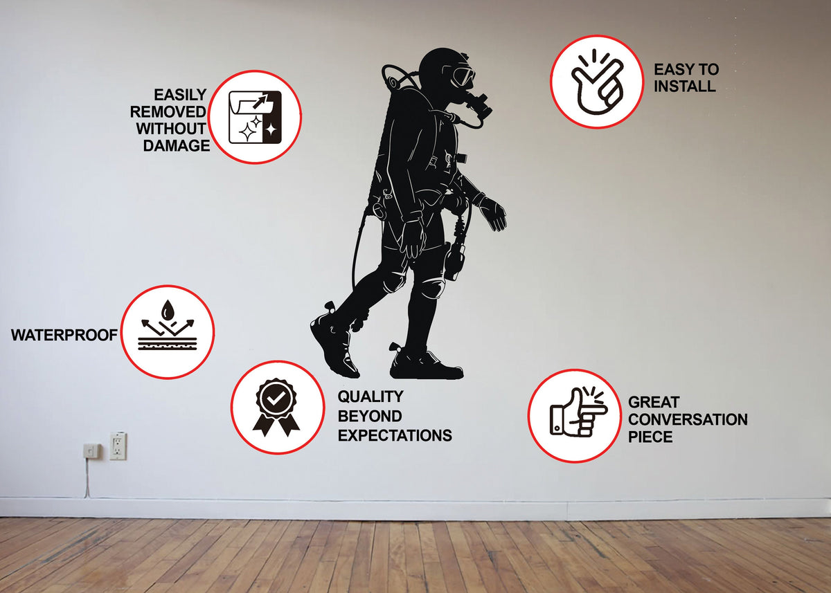Scuba diver silhouette wall sticker featuring a fire extinguisher