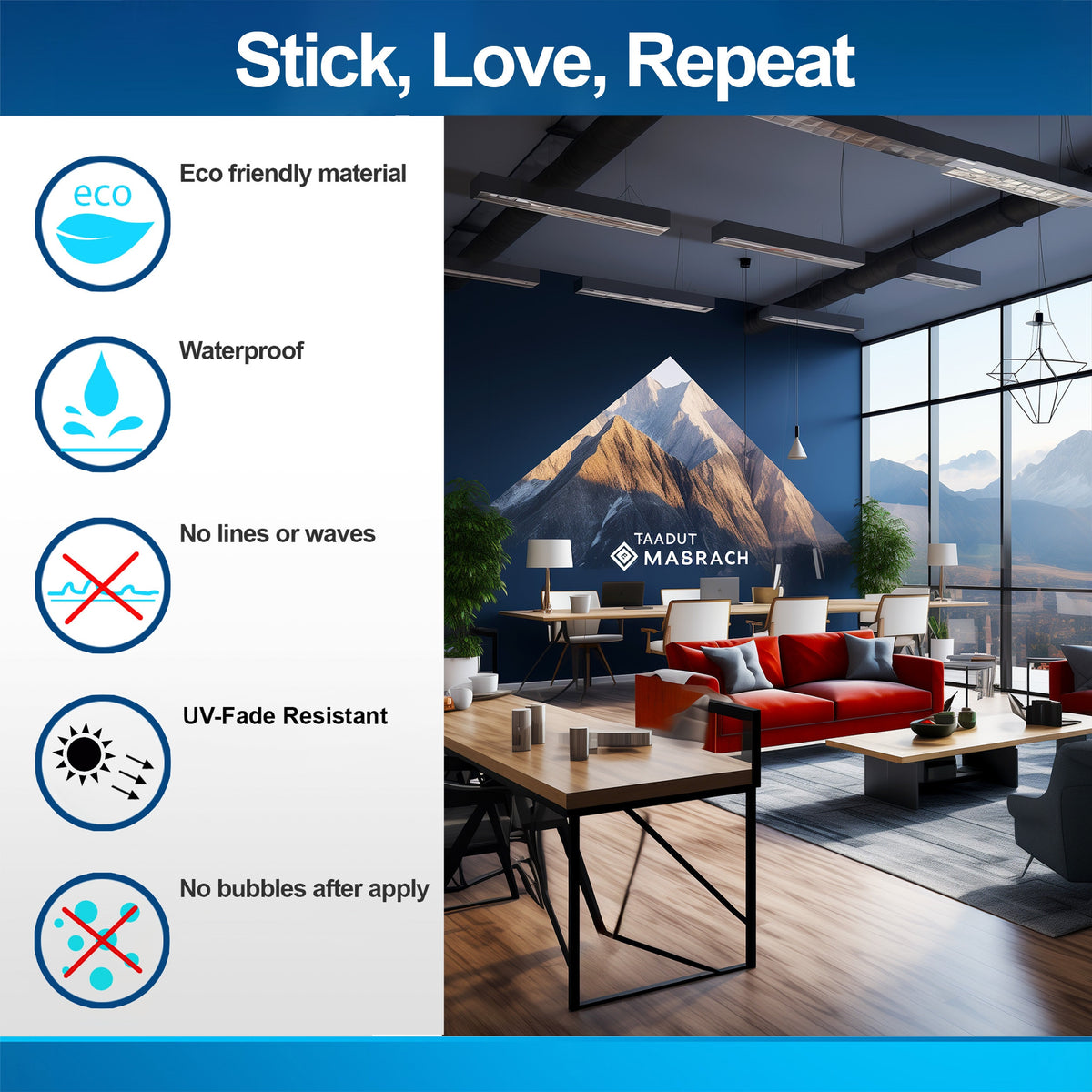 Vinyl wall decal features infographic beside a mountain landscape mural in a modern office with a red sofa.