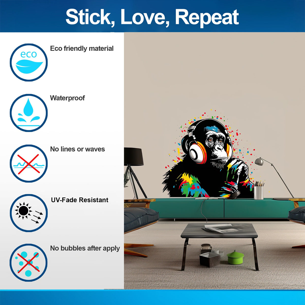 DJ Monkey Wall Decal - Vinyl Art Mural Thinking Gorilla with Headphones.