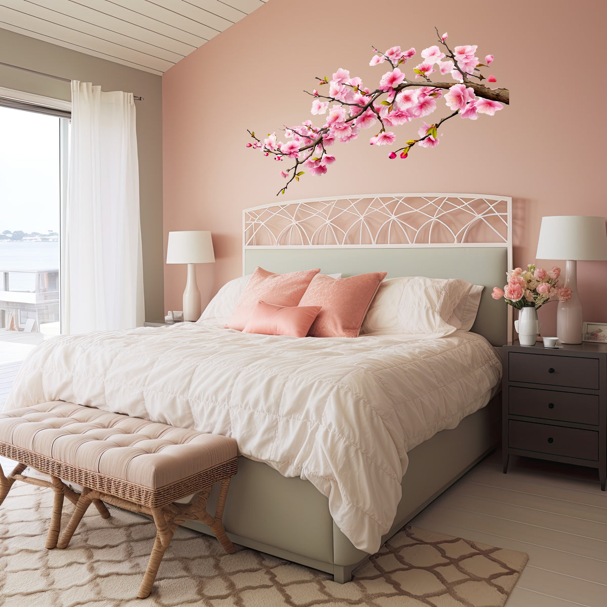 Cherry Blossom Corner Tree Wall Decal featuring Blossoms Pink Flowers Stickers