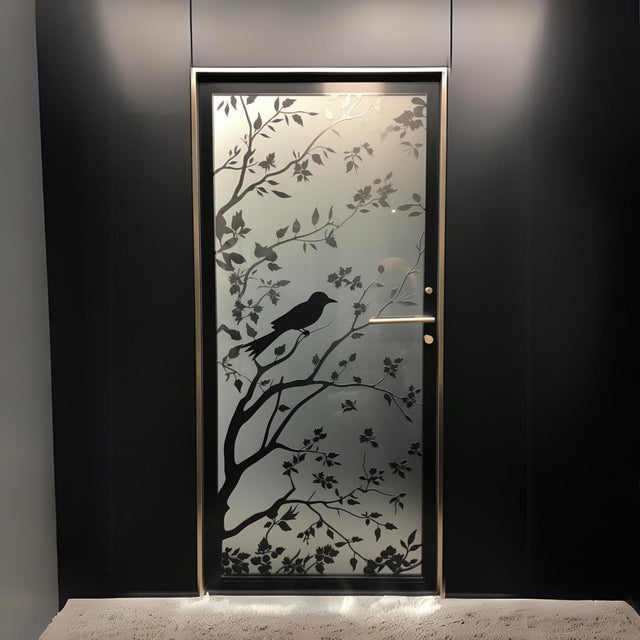 Product view of Elegant Frosted Black Tree Silhouette Decal for Glass Doors.