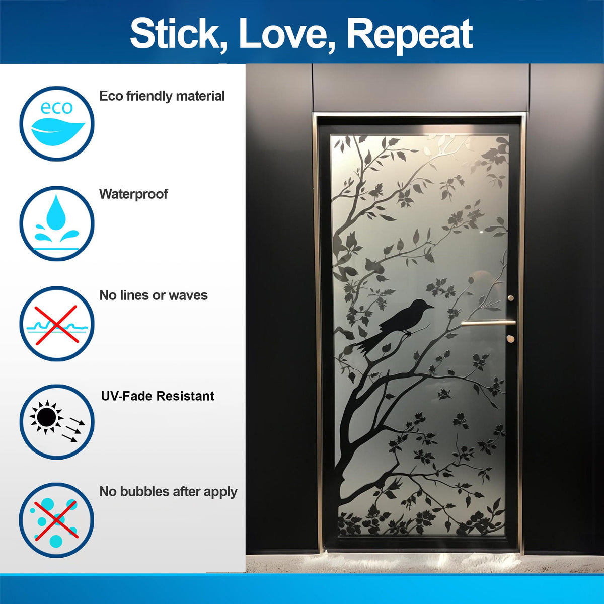 Additional product detail of Elegant Frosted Black Tree Silhouette Decal for Glass Doors.