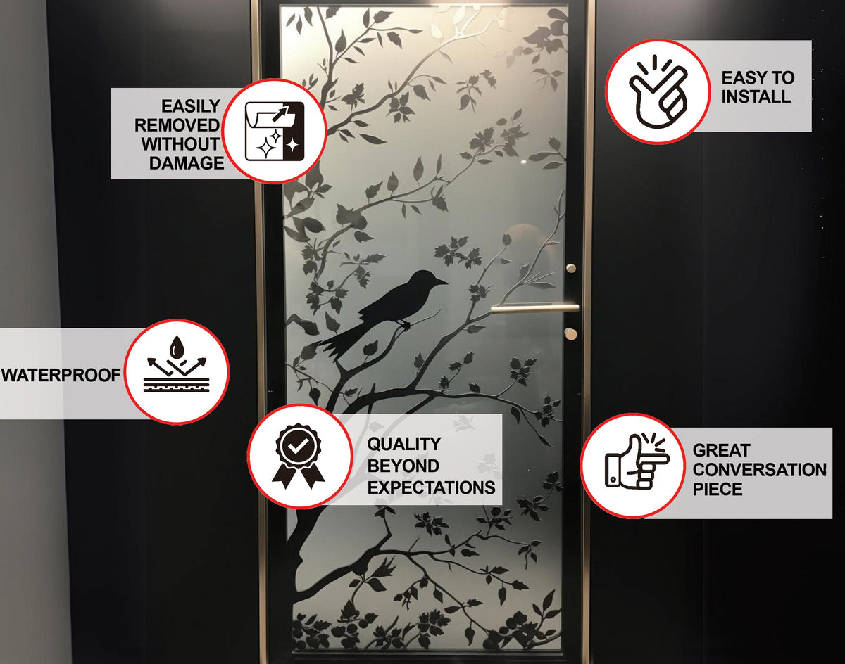 Product detail view of Elegant Frosted Black Tree Silhouette Decal for Glass Doors.