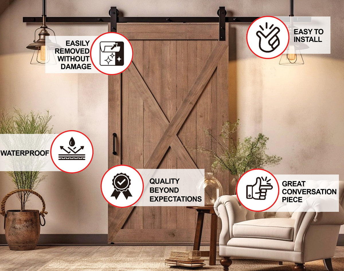 Barn Door Wallpaper Sticker - Brown Rustic Wood Barn Door Cover Decal.