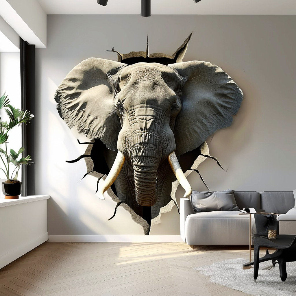3D Elephant Head Wall Sticker - Realistic Broken Illusion Effect Vinyl Decal