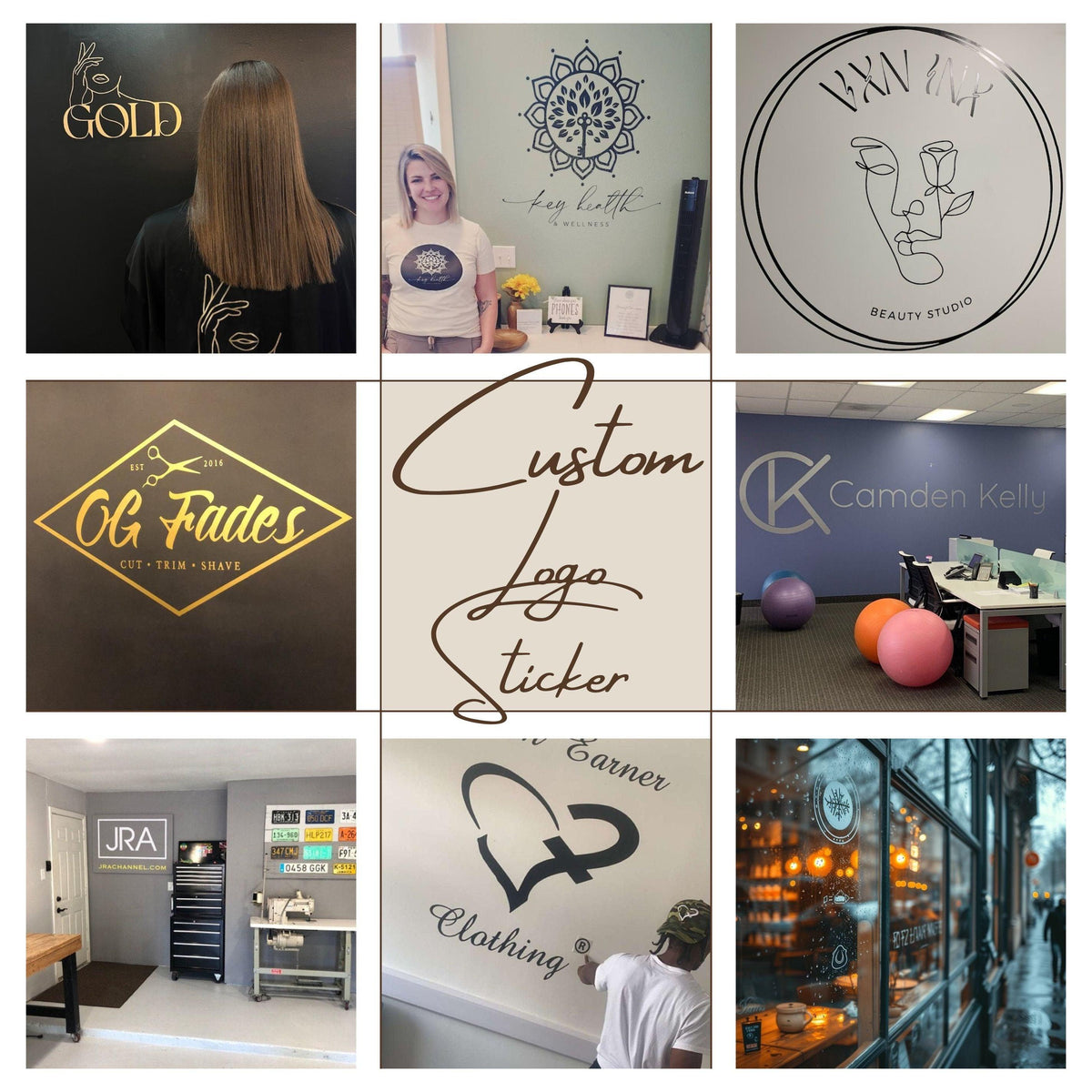 Collage of custom business logo decals showcasing branding for various businesses and personalized window stickers.