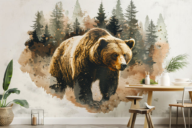 Bear in Forest Wall Sticker - Textured Art Vinyl Nature Bruin Decal Mural