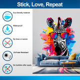 Printed vinyl decal artwork showing black and white stripes, multicolour glasses and bright blue, pink, yellow and red paint