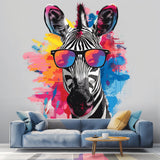 Whimsical Zebra in Glasses Wall Decal featuring black and white stripes, multicolour glasses and bright blue, pink, yellow and red paint