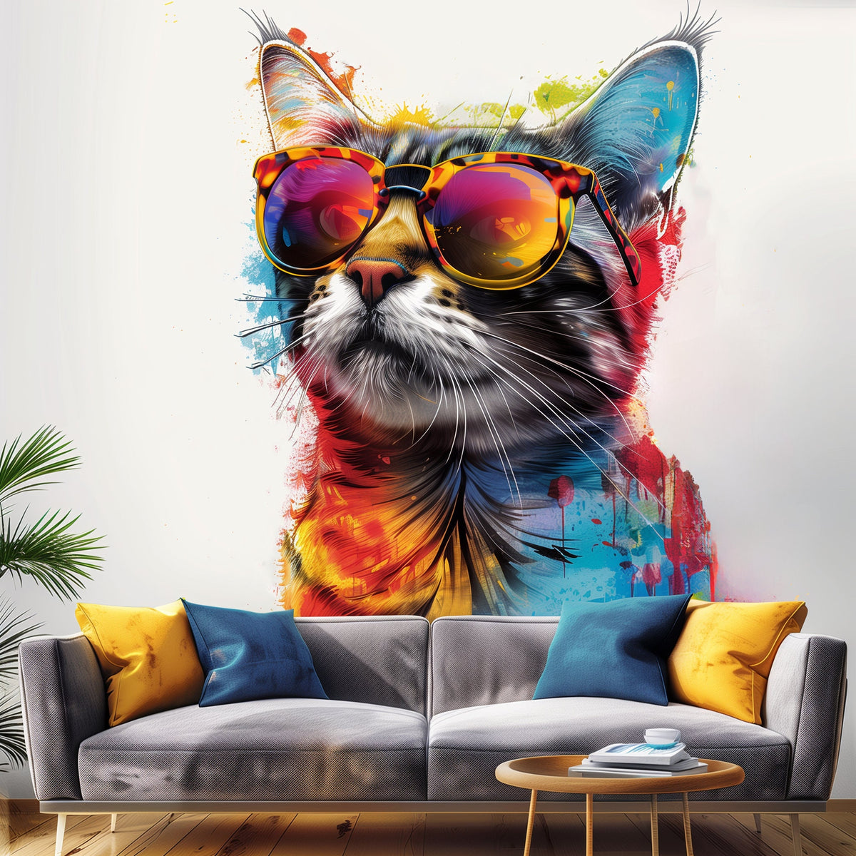 Colorful Maine Coon Cat Wall Sticker with Sunglasses featuring sunglasses and modern kitten artwork