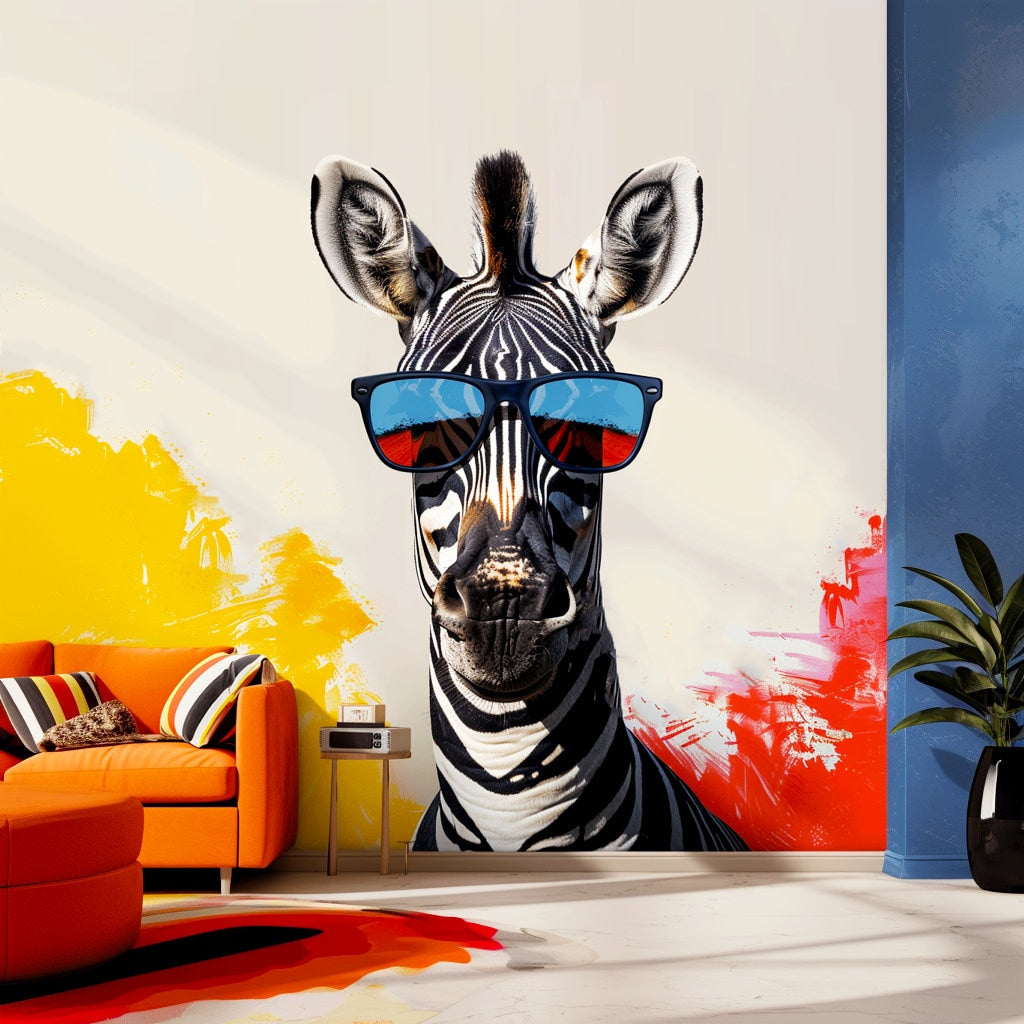 Funky Zebra with Sunglasses Wall Decal - Vibrant Modern Animal Art Sticker for Home Decor