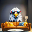 Wise bald eagle wall decal wearing glasses in modern living room decor with stylish sofa and lamp.