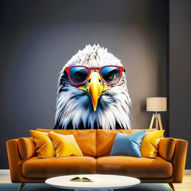 Wise bald eagle wall decal wearing glasses in modern living room decor with stylish sofa and lamp.