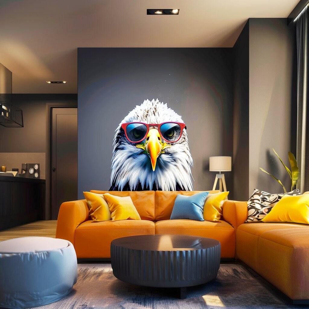 Wise bald eagle wearing glasses wall decal in modern living room, adding creativity and inspiration to decor.