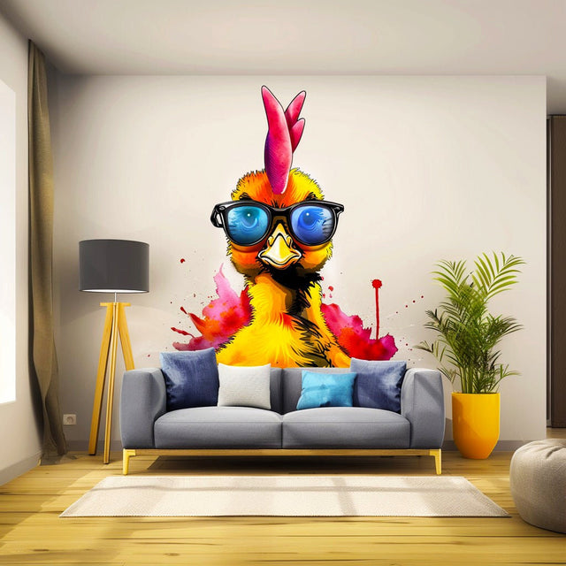 Funny Baby Chicken with Glasses Wall Decal - Vibrant Watercolor Chick Sticker