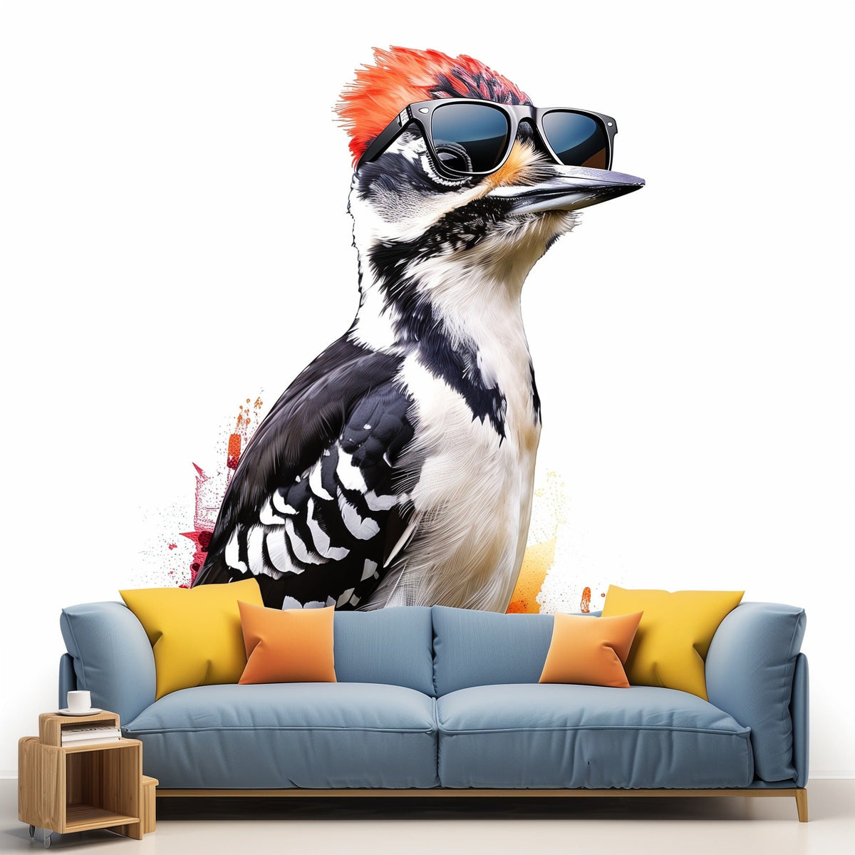 Downy Woodpecker Bird in Glasses Wall Sticker Decals featuring the illustrated woodpecker style bird wearing glasses shown in the product gallery