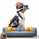 Downy Woodpecker Bird in Glasses Wall Sticker Decals featuring the illustrated woodpecker style bird wearing glasses shown in the product gallery