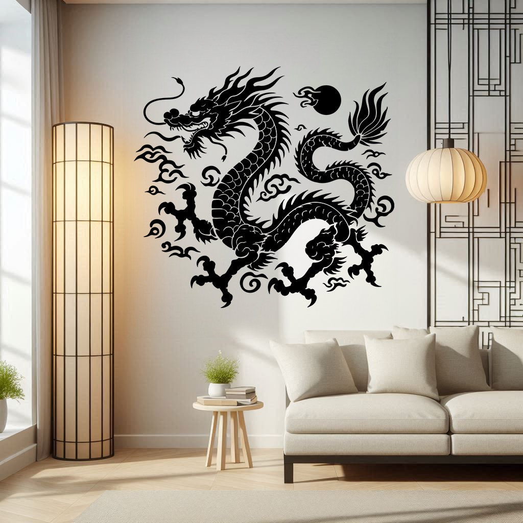 Intricate Chinese Dragon Wall Decal Sticker featuring the intricate Chinese dragon inspired artwork shown in the product gallery