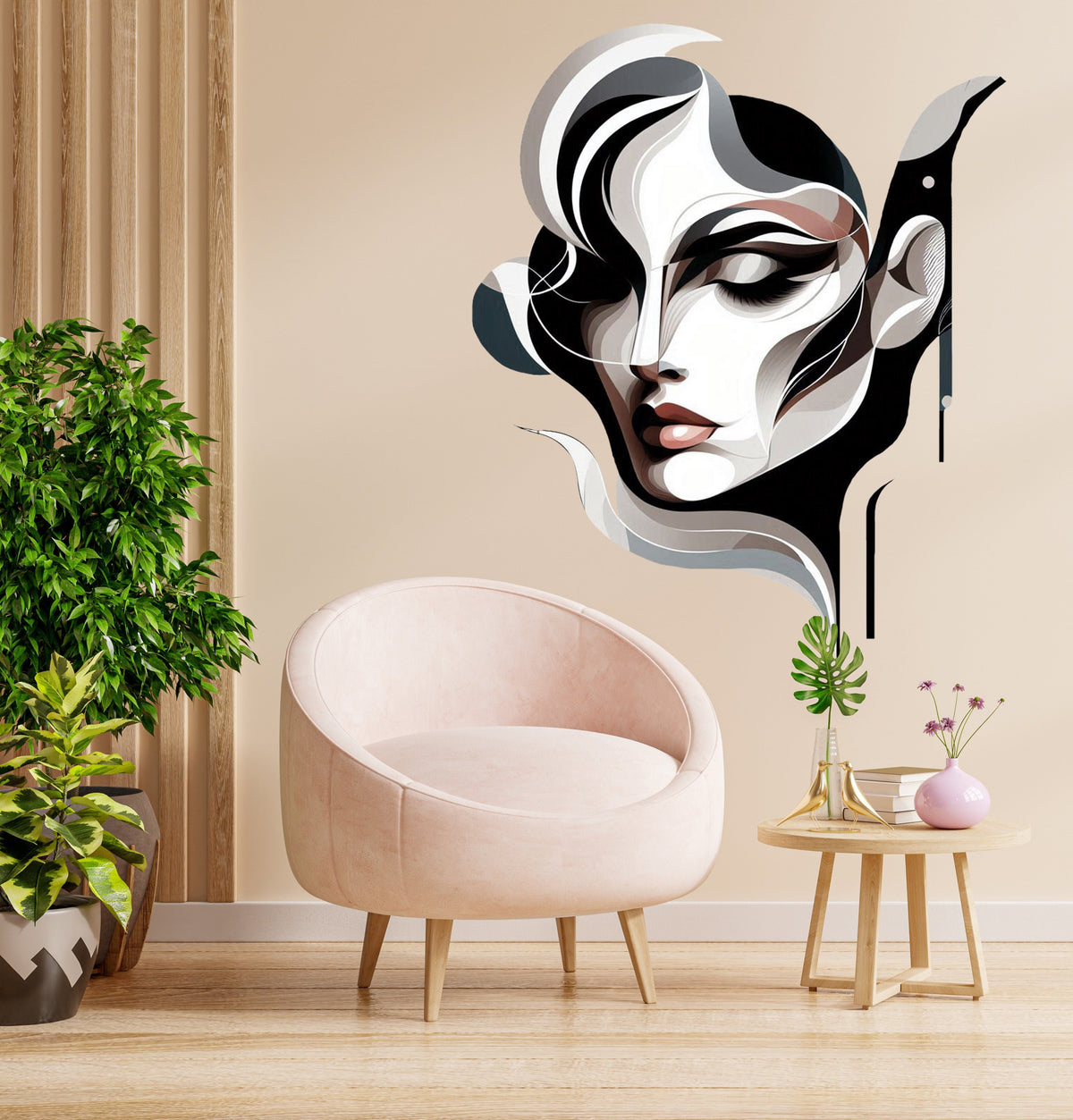 Abstract Woman Face Wall Decal Sticker featuring the abstract female face and geometric line composition shown in the product gallery