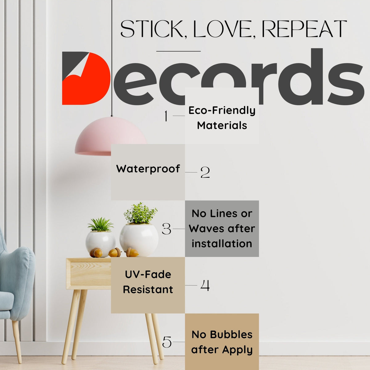Wall sticker infographic explaining material, adhesive and application