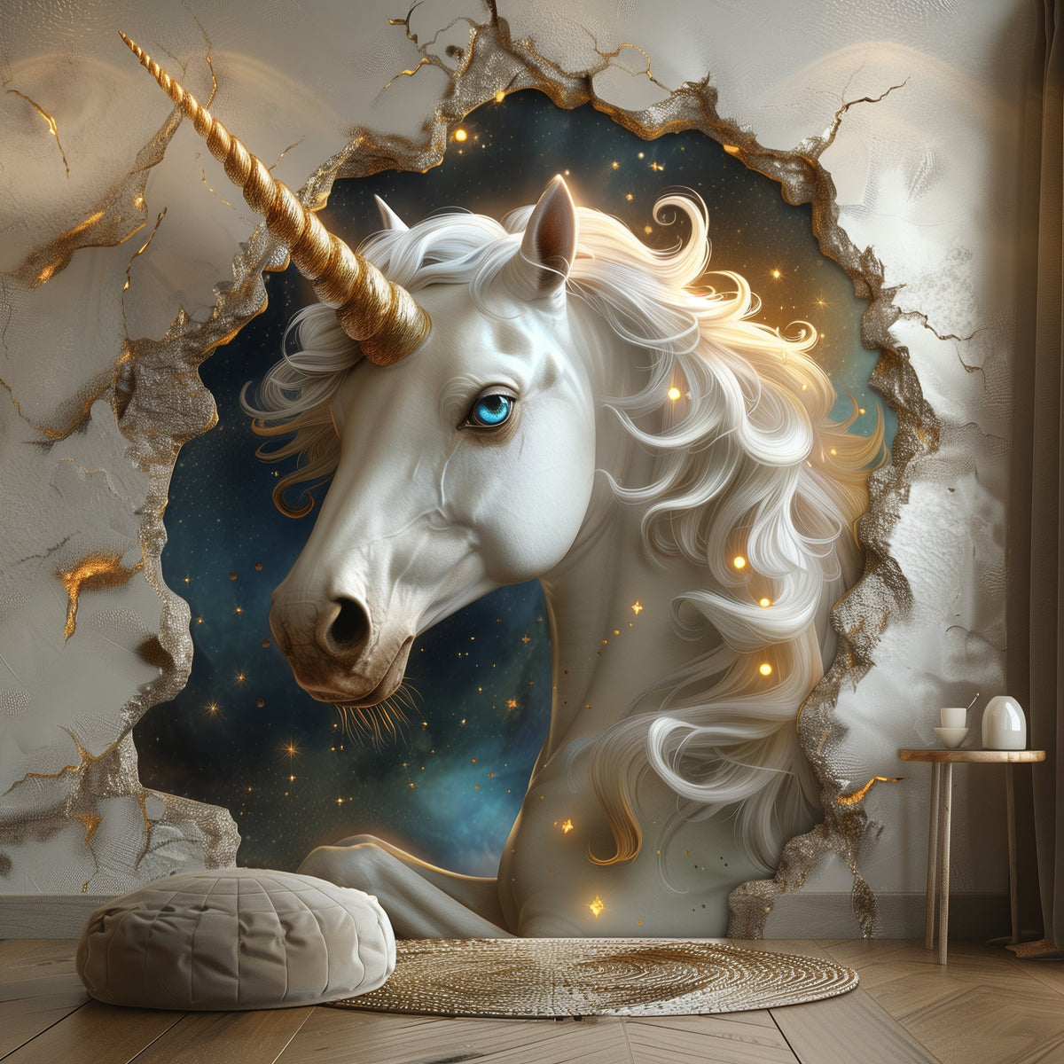3D Fantasy Unicorn Wall Decal featuring a cracked wall breakthrough illusion, Design 1