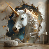 3D Fantasy Unicorn Wall Decal featuring a cracked wall breakthrough illusion, Design 1