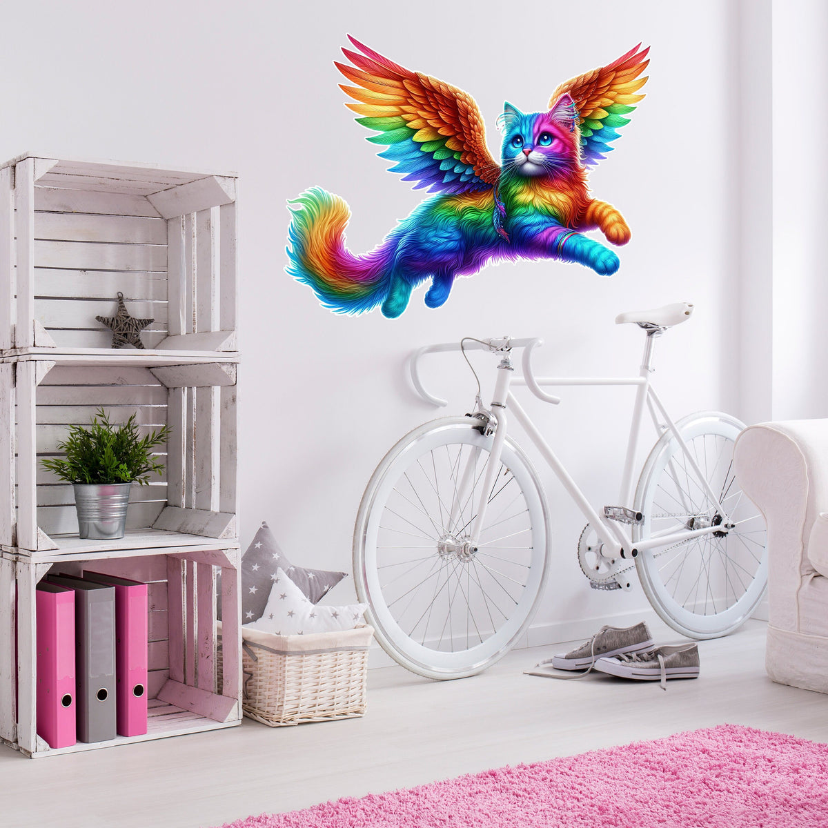 Rainbow Flying Cat with Wings Wall Sticker Decals featuring Wings Wall Sticker Decals Vibrant Room Decor