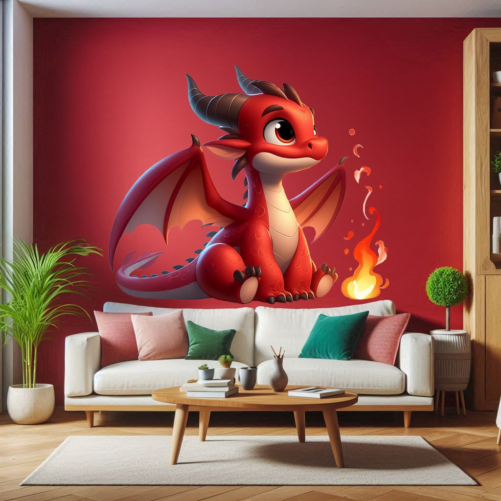Cute Red Baby Dragon Wall Decal Sticker featuring the red baby dragon and illustrated fire details shown in the product gallery