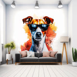 Watercolor wall decal of a jack russell terrier wearing sunglasses with colorful paint splashes