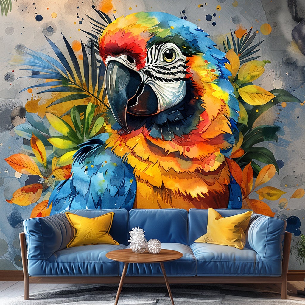 Vibrant Watercolor Macaw Parrot Wall Decal Sticker featuring the colourful watercolor style macaw parrot shown in the product gallery