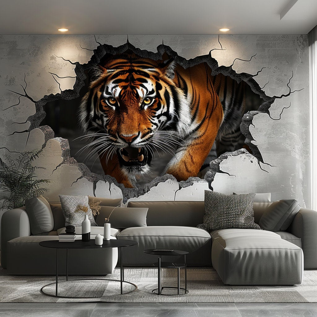 3D Tiger Wall Decal featuring a broken wall breakthrough illusion