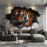 3D Tiger Wall Decal featuring a broken wall breakthrough illusion