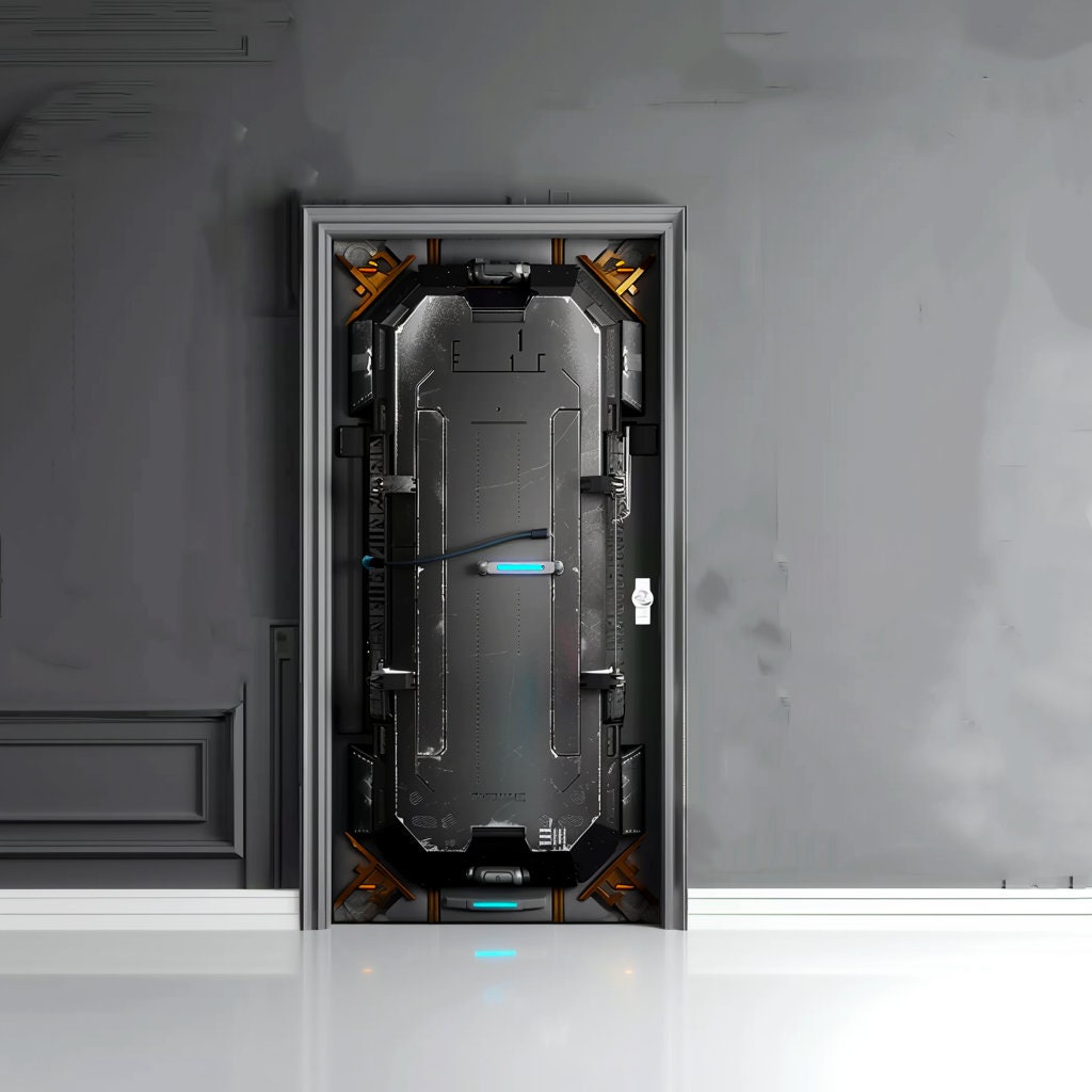 3D spaceship airlock door mural with a science-fiction gateway design