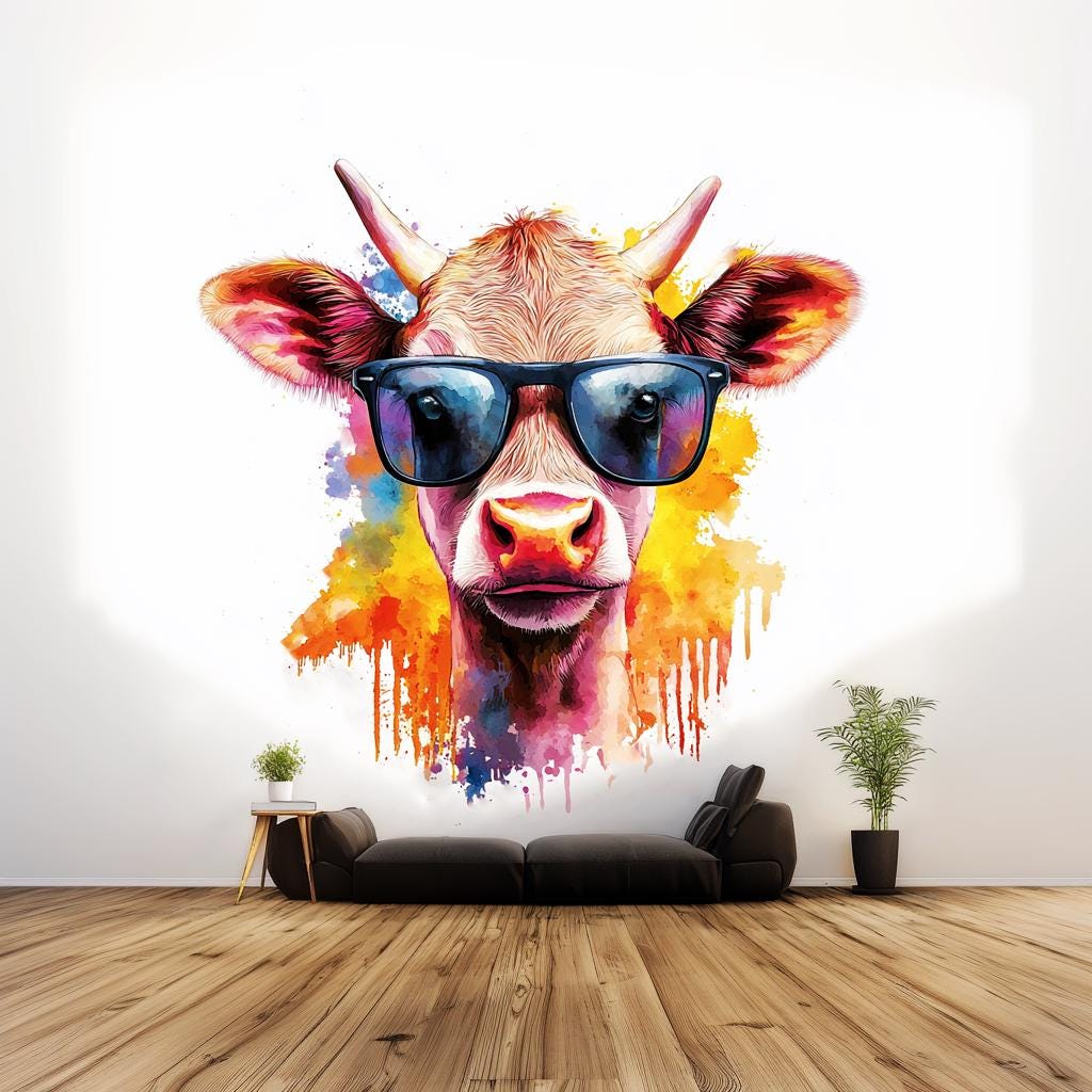 Watercolor wall decal of a cow wearing sunglasses with colorful paint splashes