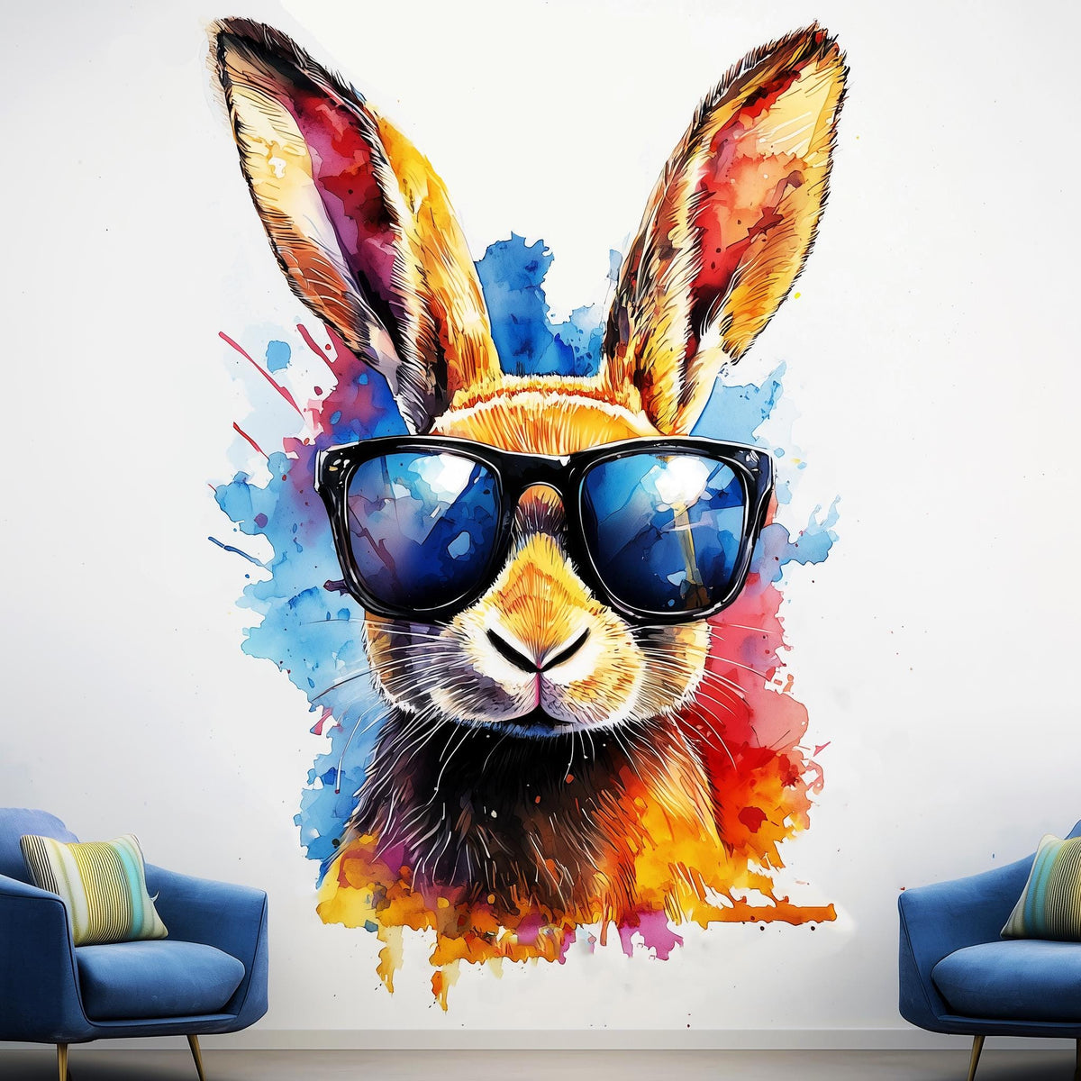 Printed vinyl sticker artwork showing a rabbit wearing sunglasses in a watercolor style