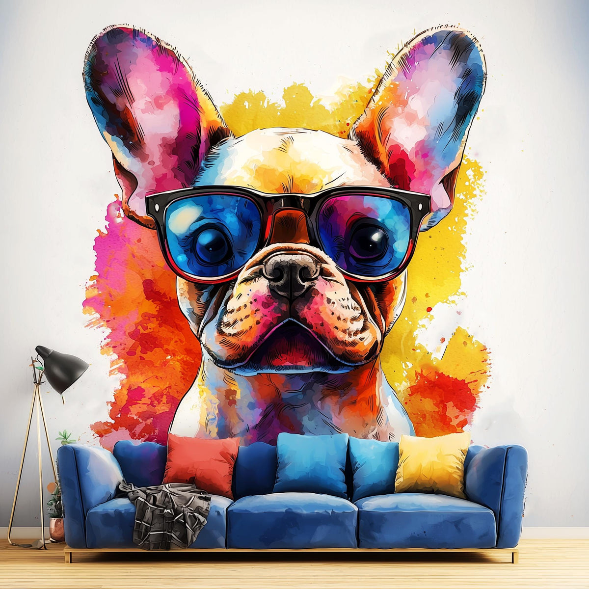 Watercolor wall decal of a french bulldog wearing sunglasses with colorful paint splashes