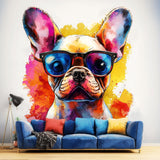 Watercolor wall decal of a french bulldog wearing sunglasses with colorful paint splashes