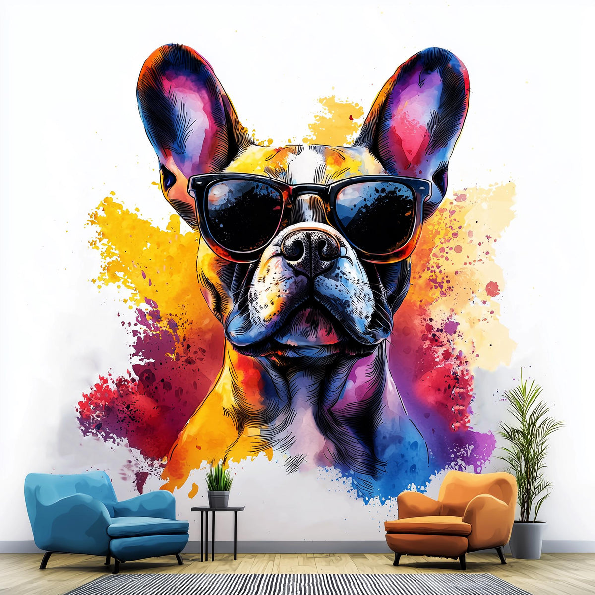 Watercolor wall decal of a french bulldog wearing sunglasses with colorful paint splashes