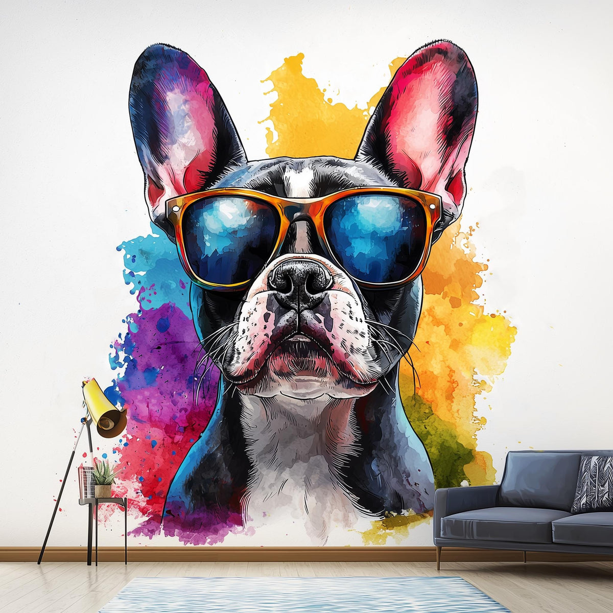 Watercolor wall decal of a french bulldog wearing sunglasses with colorful paint splashes