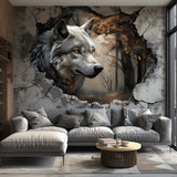3D Wolf Forest Wall Decal featuring a breakthrough illusion, Design 1