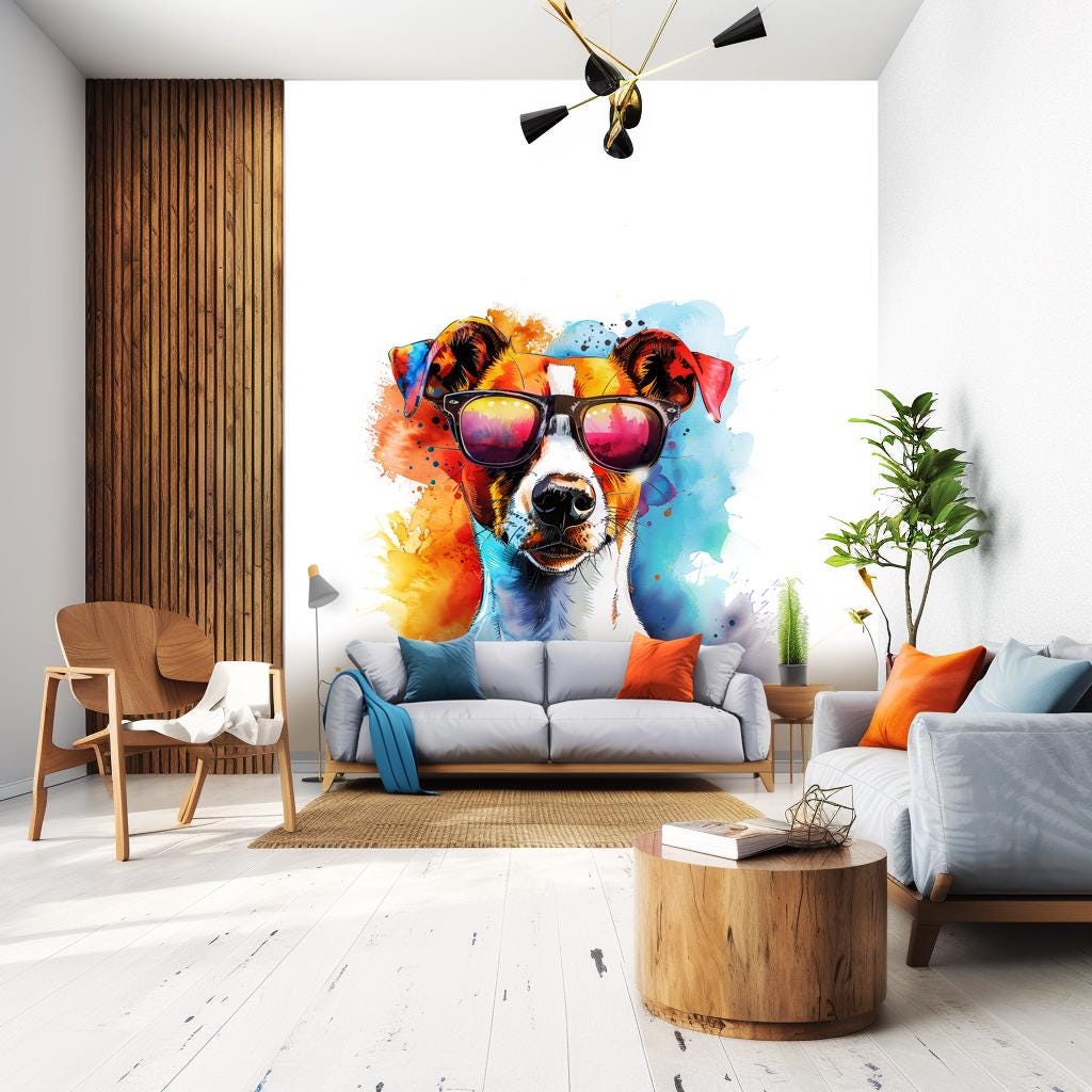 Jack Russell Terrier vinyl wall sticker with sunglasses and vivid watercolor splashes