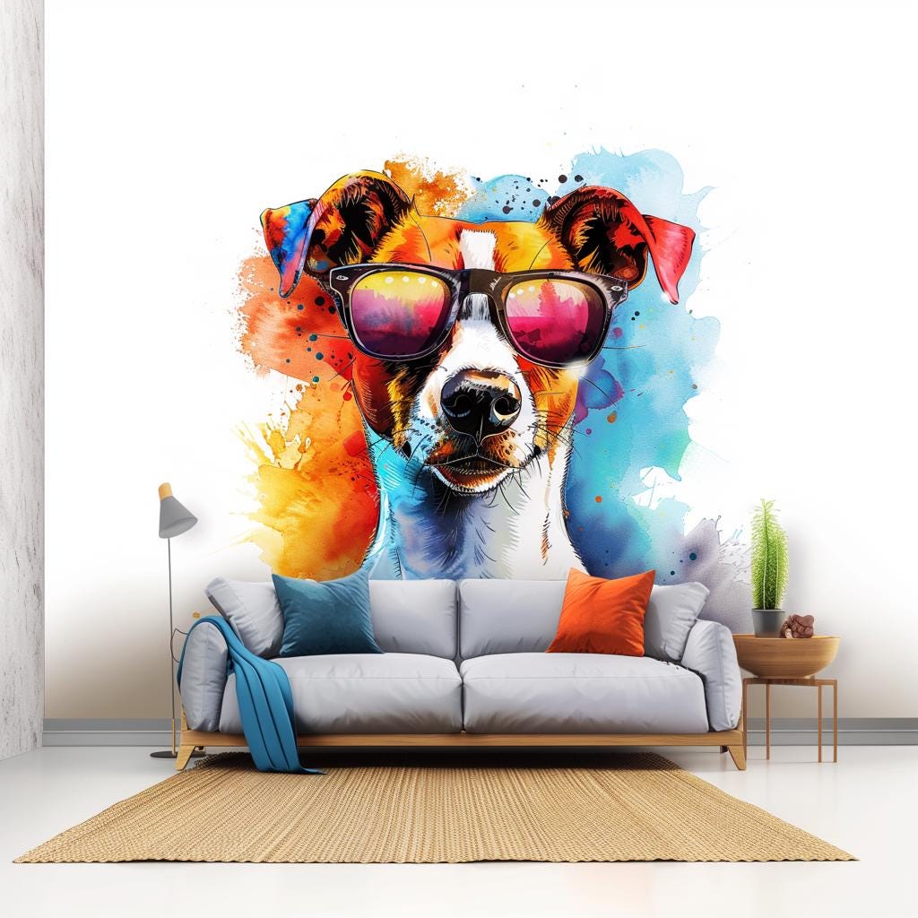 Watercolor wall decal of a jack russell terrier wearing sunglasses with colorful paint splashes