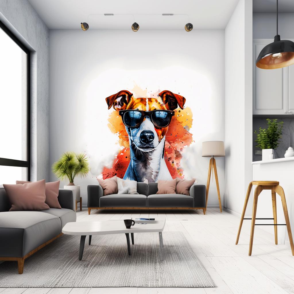 Watercolor Jack Russell Terrier wall sticker with sunglasses and colorful paint splashes