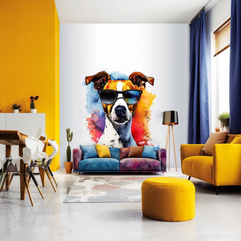 Colorful Jack Russell Terrier wall decal wearing sunglasses with watercolor accents