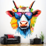 Printed vinyl sticker artwork showing a cow wearing sunglasses in a watercolor style