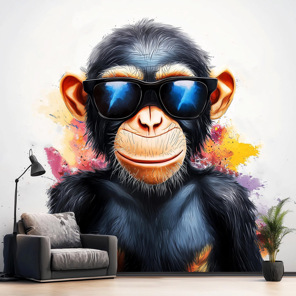 Watercolor wall decal of a baby chimpanzee with colorful paint splashes