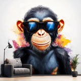 Watercolor wall decal of a baby chimpanzee with colorful paint splashes