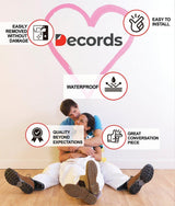 Vinyl wall decal features graphic with people seated beside a wall sticker display
